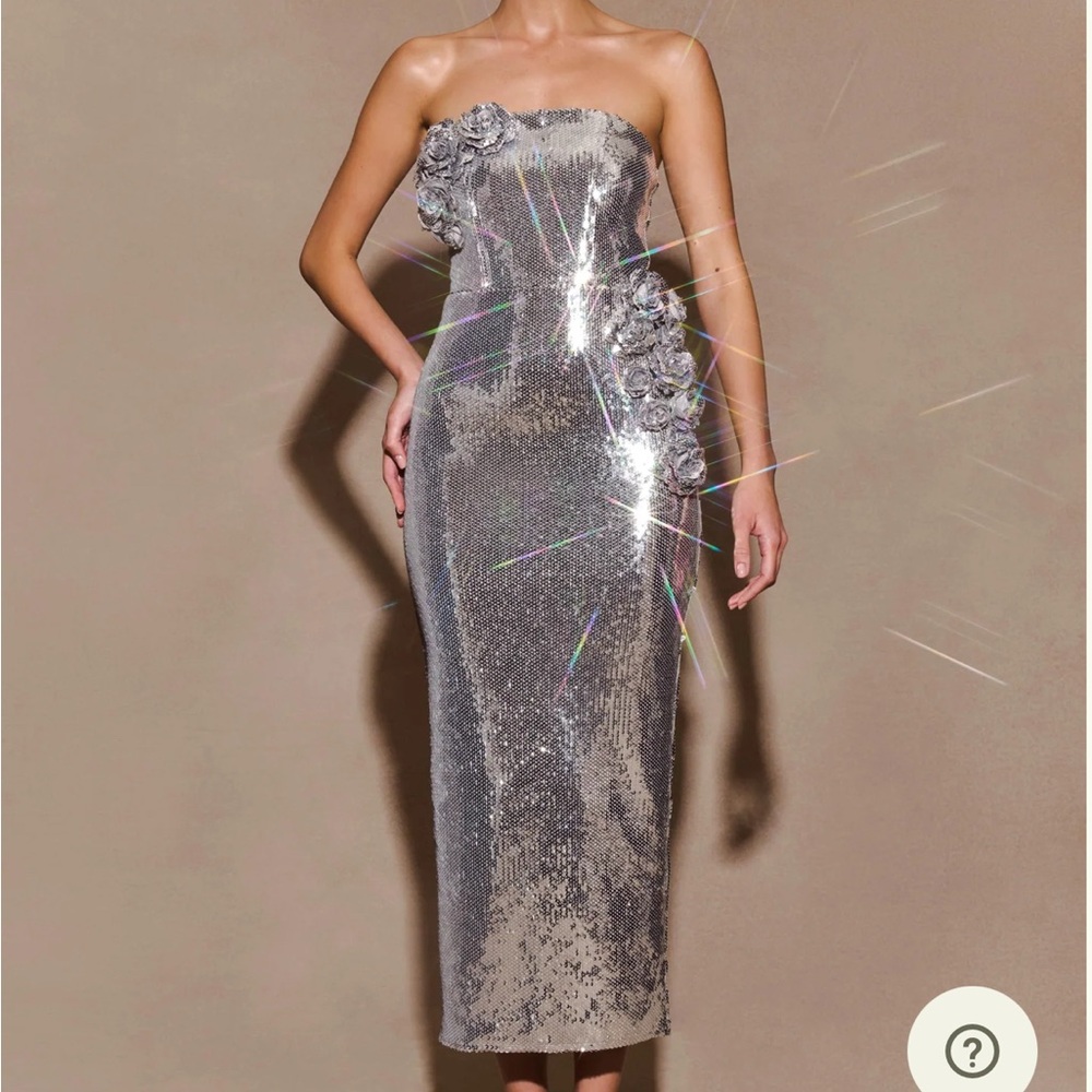 Cassia Strapless Sequin Rose Midi Dress - Silver